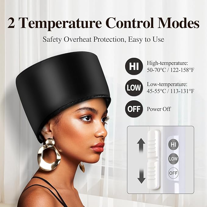 Heated Electric Thermal Steamer Cap for Natural Black Afro Hair - Hot Spa Treatment Hat with Temperature Control for Deep Conditioning at Home - Black