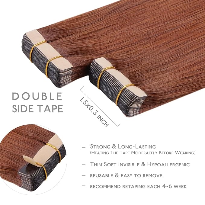 WENNALIFE Tape in Hair Extensions Human Hair, 20pcs 50g 20 inch Dark Auburn Copper Remy Hair Extensions Straight Human Hair Tape in Extensions Skin Weft Tape Extensions Human Hair
