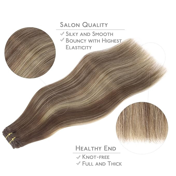 WENNALIFE Clip in Hair Extensions Real Human Hair, 14 Inch 120g 7pcs Balayage Chocolate Brown to Honey Blonde Hair Extensions Clip in Human Hair Remy Clip in Hair Extensions Real Human Hair