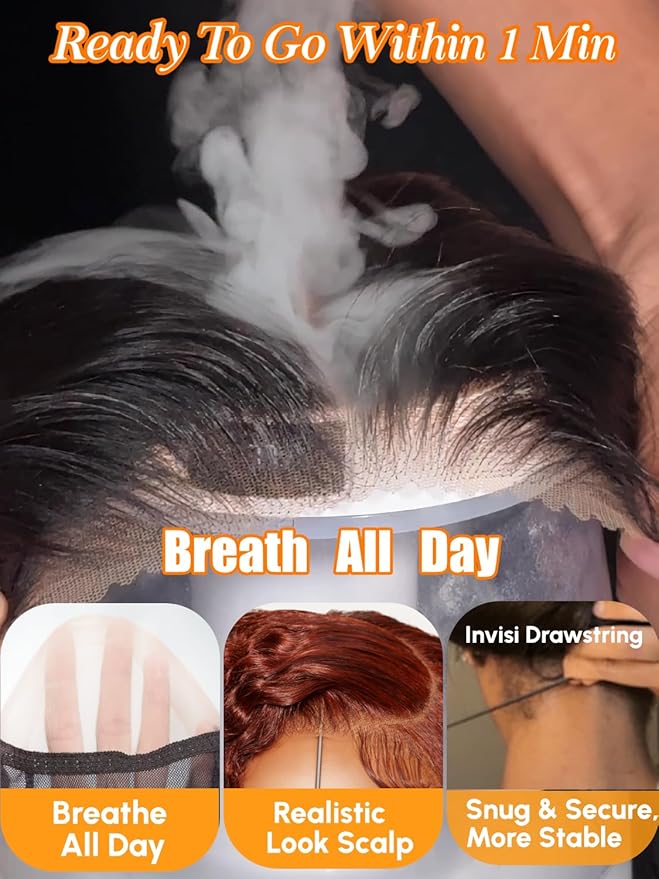 Julia Hair Reddish Brown Glueless Jerry Curly Human Hair Invisi-Drawstring Wig Auburn Pre Cut 7x5 Lace Front Wigs Pre Plucked Bleached Pre Cut Lace Closure Natural Hairline Put On and Go 20 Inch