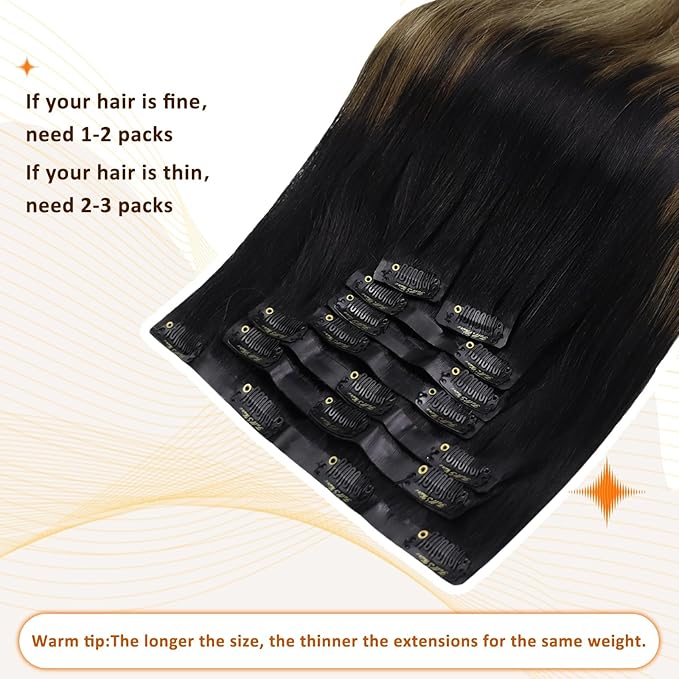Full Shine Ombre Clip in Hair Extensions Real Human Hair 12 Inch Black to Light Brown with Honey Blonde Seamless Clip ins Invisible Remy Hair Softness 8 PCS 95 G