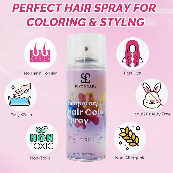 Hot Pink Temporary Hair Color Spray, SOVONCARE Natural Hair Wax Dye Spray for Kids Halloween, Christmas Party, Cosplay -On 1-Day Washable 120ML