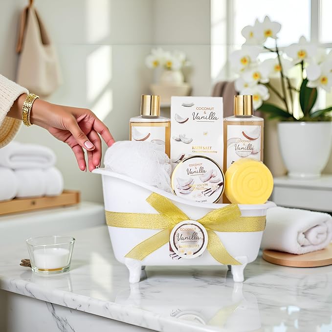 Christmas Gifts for Women and Men - 8-Piece Luxury Coconut Vanilla Bath & Body Gift Set for Women Self Care Kit Spa Gift Baskets | Perfect Gifts for Mom, Birthday Gifts, All Occasion Holiday Present