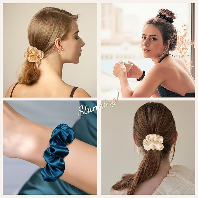 LULUSILK Silk Scrunchies for Hair Sleep, 100% Real Mulberry Silk, No Damage Hair Ties for Women and Girls, Black White and Gold, Pack of 3