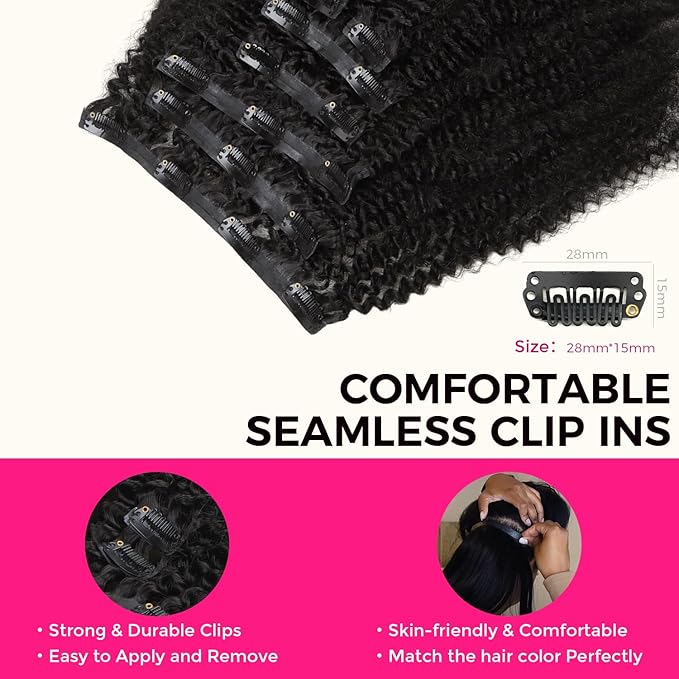 Lashey Seamless Clip in Hair Extensions Real Human Hair 16 Inch 110g 7pcs Afro Kinky Curly Human Hair Clip In Extensions 4C Natural Black Hair
