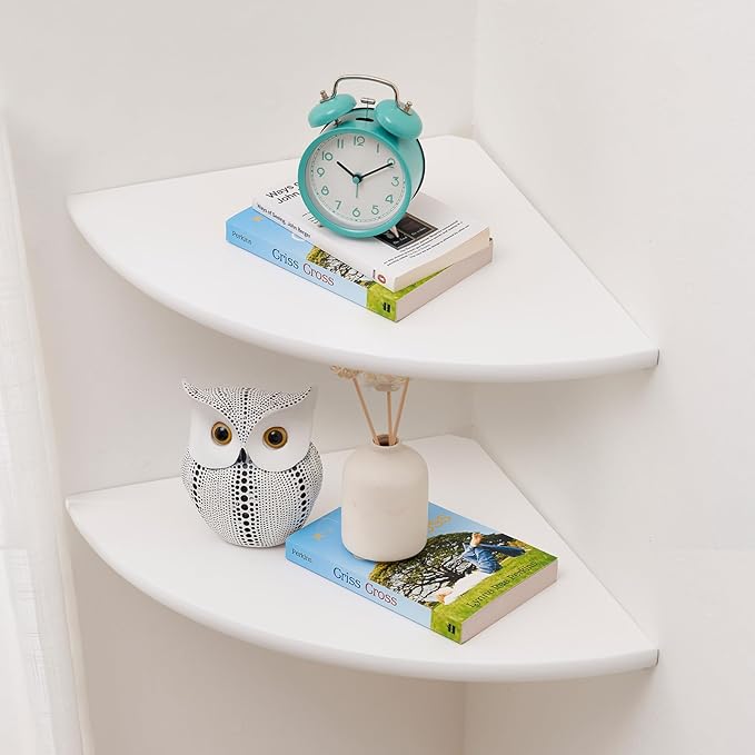Corner Shelf, White Floating Corner Shelf, Set of 2 10inch Solid Oak Wood Wall Shelves, Round End Wall Mount with Wire Hole for Small Plant for Bedroom Kitchen, Living Room