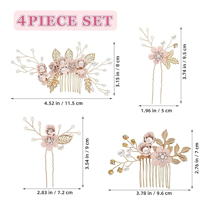 Wedding Flower Hair Accessories for Women: 4pcs Leaf and Flower Hair Combs for Women Accessories - Crystal Pearl Wedding Flower Clips Headpiece for Brides Bridesmaids Girls Updo (Pink)