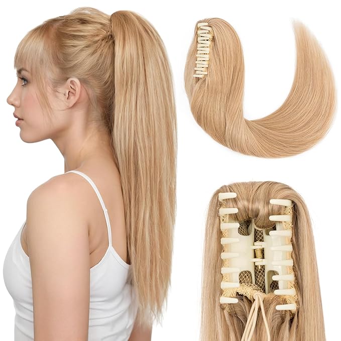 Hairro Claw Clip Ponytail Human Hair Extensions Jaw On Ponytails Remy Long Straight Jaw/Claw Clips Pony Tail Hairpieces For Women 20 Inch 120g #27 Dark Blonde