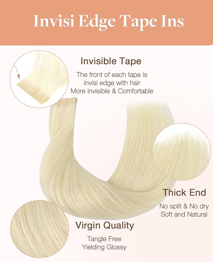 GOO GOO Invisi Edge Tape in Hair Extensions Human Hair, 60A Platinum Blonde 20pcs injected with 20pcs classical tape ins, 12inch 80g, Virgin Remy Hair, Natural Look