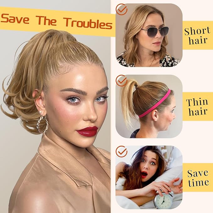 KooKaStyle Ponytail Extension, 10" Short Claw Clip in Pony Tails Hair Extensions Curly Wavy Synthetic Drawstring Hairpieces for Women(Light Blonde Brown)