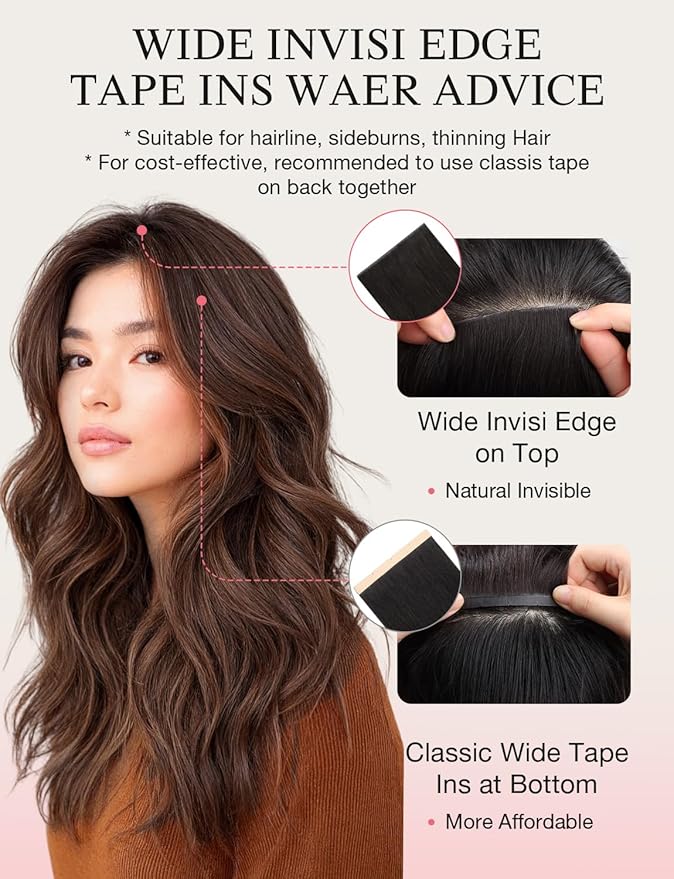 DOORES Invisi Edge Tape in Wide Hair Extensions Human Hair, Chocolate Brown to Caramel Blonde 4PCS Injection Tape ins 20g 16 Inch, Virgin Human 3 Inch Wide Injected Extensions Invisible