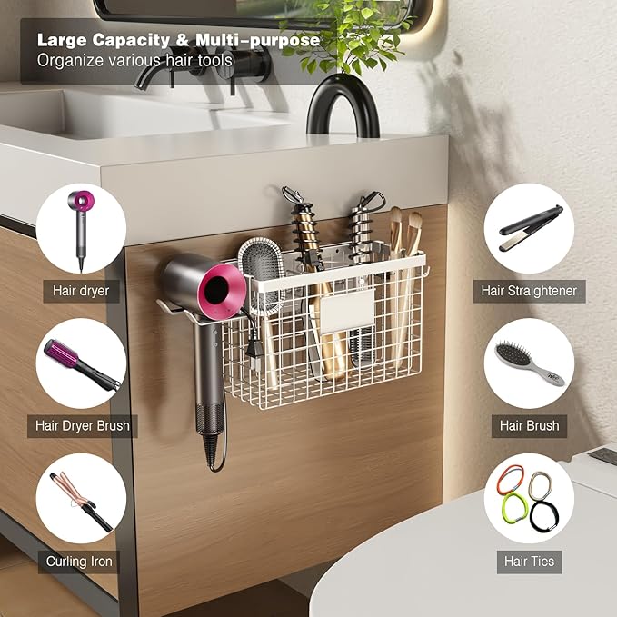 Voldra Hair Dryer Holder Cabinet Door, Adhesive Hair Tool Organizer Wall Mount Adjustable Height Blow Dryer Holder Under Sink/Countertop for Flat Curling Iron, Hair Brush and Straightener (1, White)