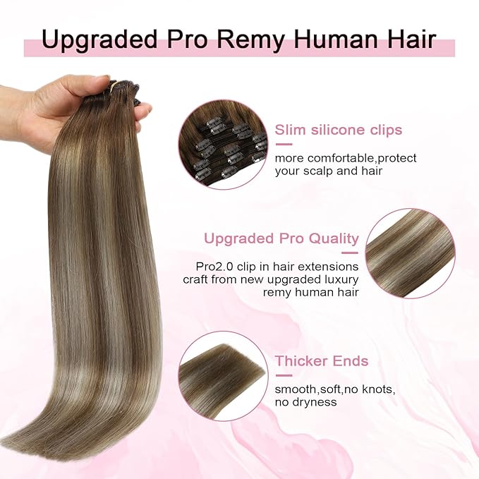 Pro2.0 Clip in Hair Extensions Real Human Hair 20inch 7pcs #3/8/22 Walnut Brown to Ash Brown and Golden Blonde Remy Real Human Hair Extensions Clip ins 120g Thick Double Weft（#3/8/22-20inch）