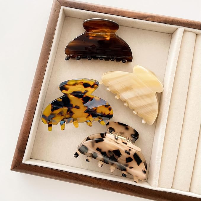 Womens Hair Clips Medium Claw Clips Tortoise Hair Jaw Clips Celluloid Hair Claw Clamps Acetate Hair Clip 3 Pack,Tortoise Shell/Black/Brown