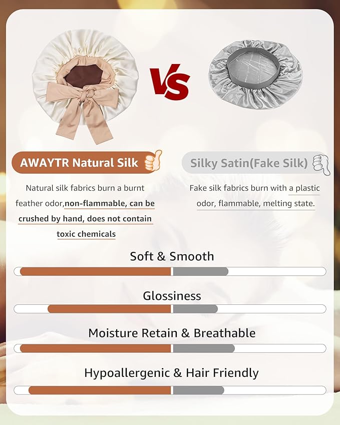 AWAYTR Silk Bonnet for Sleeping Women 100% Mulberry Silk Bonnet with Band 2 Layer Reversible Hair Bonnet Sleeping Hair Wrap (Dark Brown/Light Champagne)