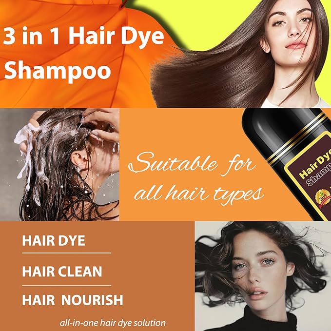 Hair Dye Shampoo Dark Brown, Long-Lasting Gray Hair Coverage, 3 in 1 Hair Color Shampoo with Herbal Ingredients, Easy Application Shampoo Para Canas for Women Men 16.9 Fl Oz