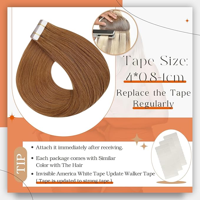 Full Shine Tape in Hair Extensions Human Hair Color 330 Copper Brown Tape in Extensions Human Hair Orange Seamless Skin Weft Invisible Extension for Women Add Length 22Inch 50G 20Pcs
