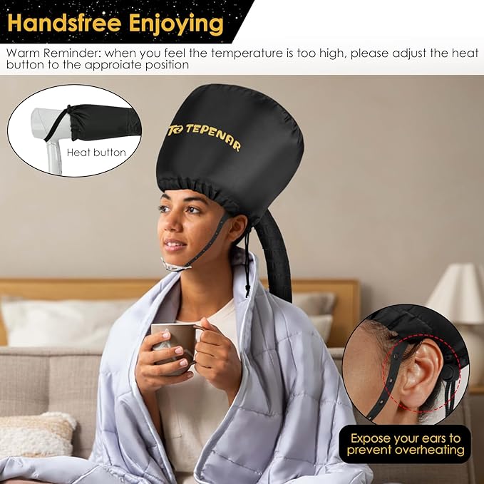 Bonnet Hair Dryer Attachment, Large - Black, Upgraded Soft Adjustable for Hand Held Hair Dryer, Fast Drying, Ideal for Natural Curly Textured Hair Care and Speeds Up Drying Time at Home