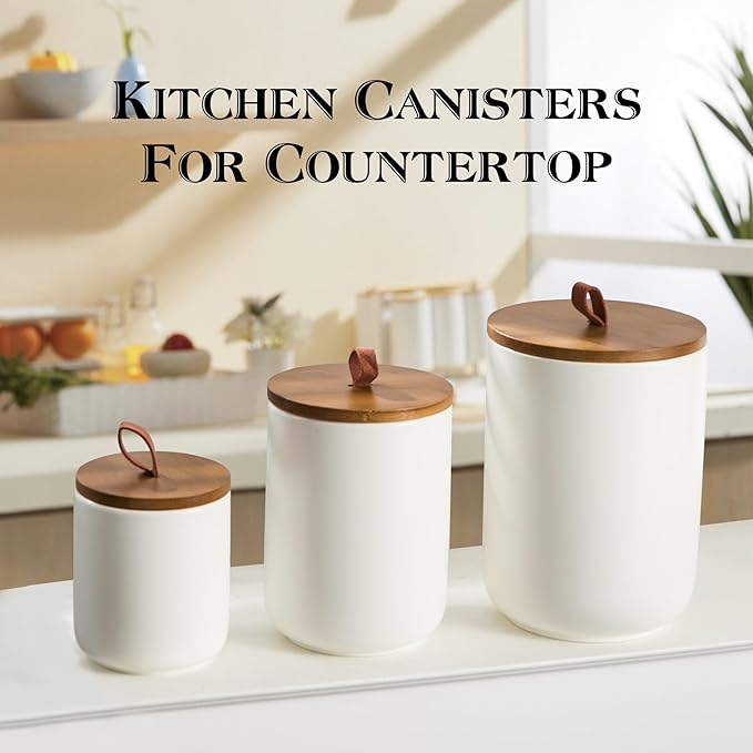 White Ceramic Canister Set with Wooden Lid, 3-Piece Food Storage Jars for Kitchen Counter, Storage Container for Coffee, Tea, Spice, Sugar, Grains, Salt