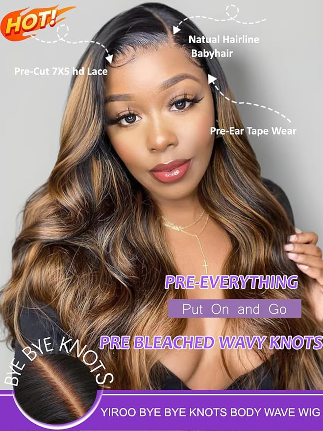 YIROO Bye Bye Knots Pre Everyting Glueless Wigs Highlight Balayage Brown Body Wave Put on and Go 7x5 Pre Cut Lace Front Wig Invisible Knots Pre-Bleached Pre Plucked Ready to Go 150% Density 16inch