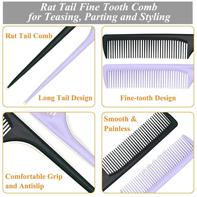 Rat Tail Comb, 2Pcs Teasing Combs with Parting Tip Styling Sectioning Braiding Fine Tooth Comb, Anti Static Hair Detangling Rattail Parting Combs for Women and Men, Fit All Hair Types (Purple, Black)