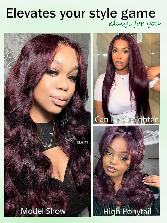 KLAIYI Black Cherry Loose Body Wave Pre Eeverything 13x4 Lace Frontal Wigs Human Hair Bye Bye Knots Glueless Ready to Wear and Go Wig with Face Framing Bangs Drawstring Pre Plucked Burgundy Wig 22Inch