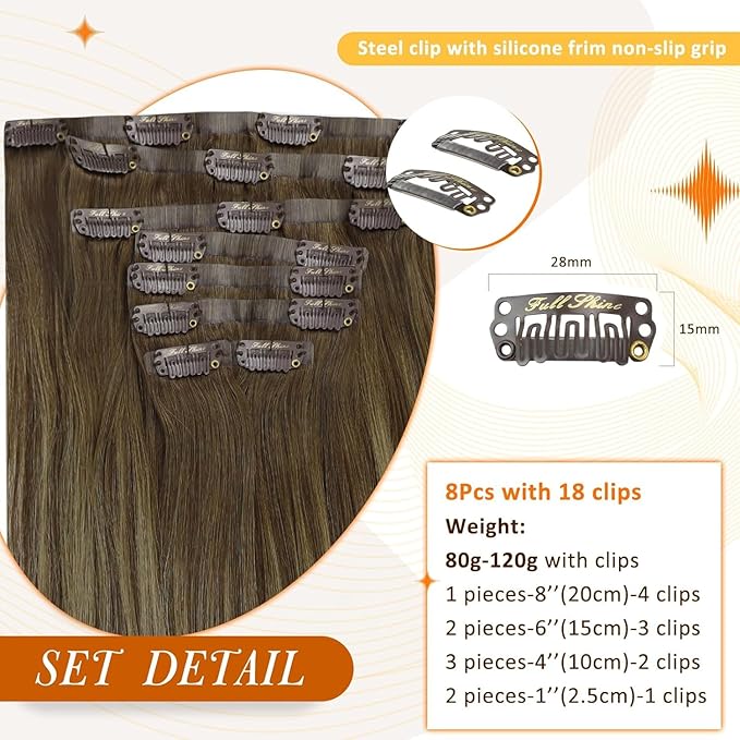 Full Shine Clip in Extensions Balayage Brown Seamless Hair Extensions Clip ins Medium Brown Ombre Honey Blonde Clip in Hair Extension Softness 16 Inch 8PCS 120G