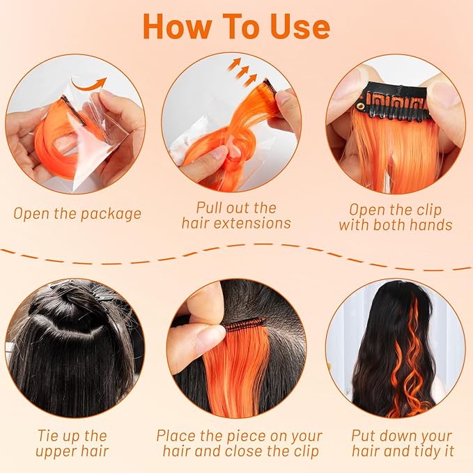 16 Pcs Colored Hair Extensions Curly Wavy Clip in Synthetic Hairpiece Streak for Girls Women Kids, Colorful Christmas New Year Party Highlights Cosplay Festival Gift(Orange)