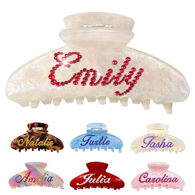 Personalized Colorful Name Hair Claw Clips for Women,Custom Hair Clips with Diamond,Cute Hair Accessories 4",Handmade Rhinestones Hair Clamp Gifts for Mom,Bride,Wife,Bridesmaid,Couples（Flash White）