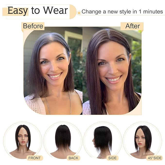 SEGO Human Hair Toppers for Women With Thinning Hair, 7 * 13CM Silk Base 100% Real Human Hair Clip in Top Wiglet Hairpieces -16 Inch No Bangs Natural Black