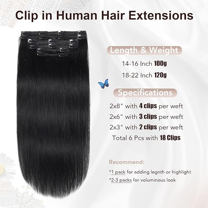XDhair Black Clip in Hair Extensions Human Hair 100g 14Inch Black Clip in Hair Extensions 6Pcs Straight Real Hair for Women (#1,14Inch)