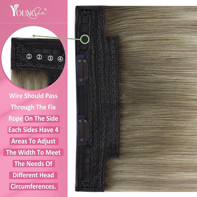 YoungSee Wire Hair Extensions Ombre Blonde Invisible Wire Human Hair Extensions Balayage Ash Blonde Ombre Platinum Blond Fish Line Hair Extension Short Straight Hair 12Inch 70G
