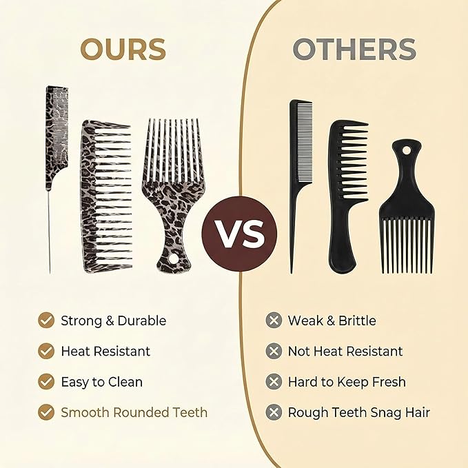 Wide Tooth Comb, Rat Tail Comb & Afro Pick Set, 3 Pcs Leopard Print Detangling Hair Combs for Curly Hair Wet Hair & Styling Professional Parting & Volumizing Tools for Women & Men