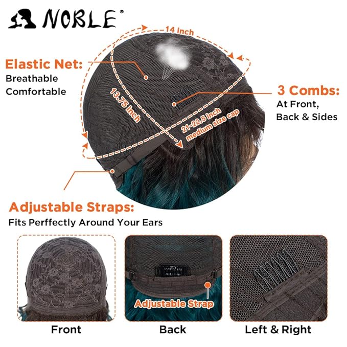 NOBLE Synthetic Curly Bob Wig With Bangs Short Bob Wigs Ombre Brown To Green Color Women's Shoulder Length Wigs Curly Wavy Wig Heat Resistant Colorful Daily Party Wig.
