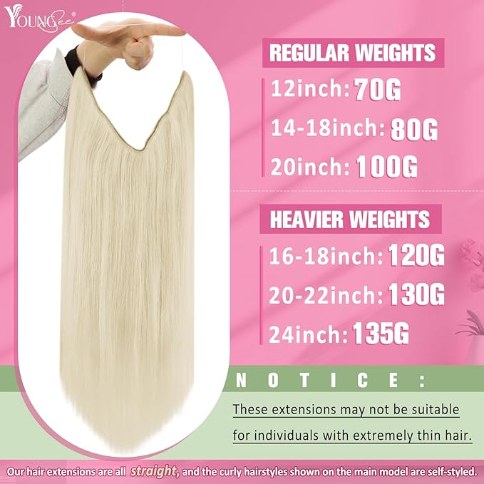 YoungSee Wire Human Hair Extensions Platinum Blonde Hair Extensions Invisible Wire Long Straight Hair Fish Line Extensions Dyable Remy Hair 100G 20 Inch