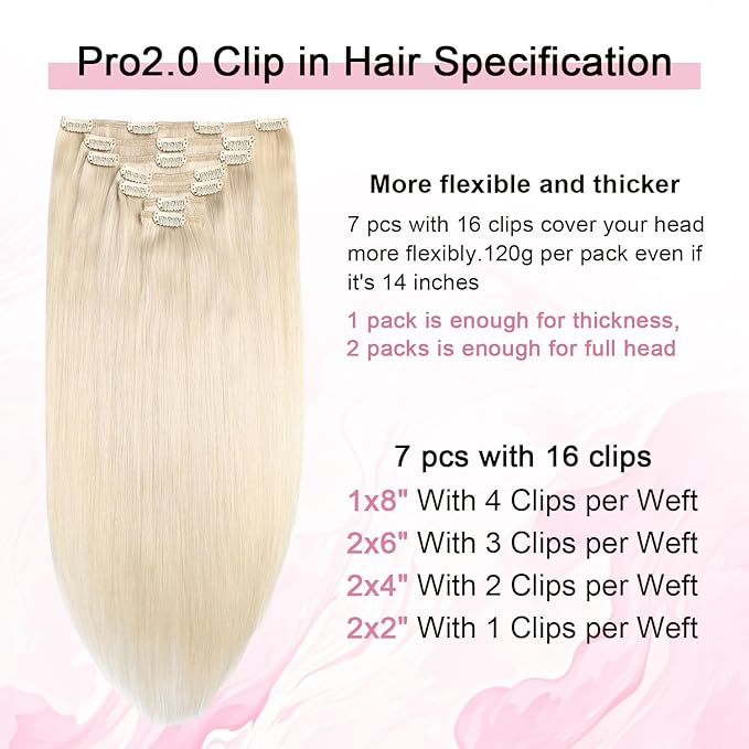 Pro2.0 Clip in Hair Extensions Real Human Hair 120g Thick 7pcs Color #60 Platinum Blonde Remy Real Human Hair Extensions Clip ins 14inch Seamless Double Weft for Women（#60-14inch）