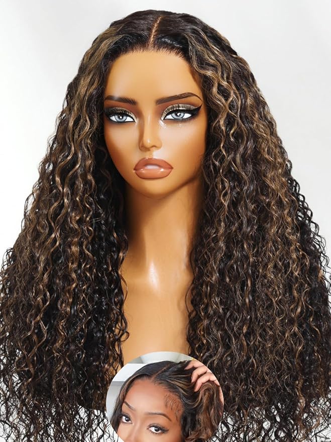 Julia Hair Golden Brown Highlight Water Wave and Jerry Curly Wig Mixed Curls 13X4 Lace Front Pre Everything Wigs Glueless Human Hair Lace Frontal with Invisi Drawstring Ready to Go 26 Inch