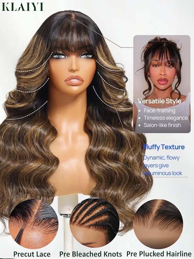KLAIYI Ombre Brown Loose Body Wave Bye Bye Knots Glueless Precut 7x5 HD Lace Front Human Hair Bang Wig Drawstring Highlight Balayage Brown Pre Plucked Bleached 30S Ready to Wear and Go Wig 180% 26Inch