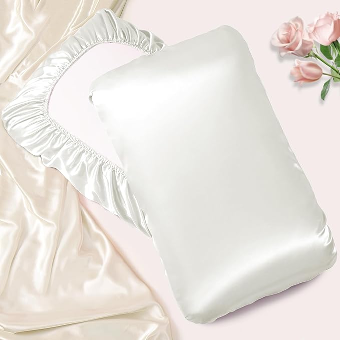 Manyshofu Satin Pillowcases for Hair Protection - 2Pcs White Pillow Cases, Elastic Band Standard & Queen Satin Pillowcases Luxury Silky Pillow Cases Travel Pillow Covers