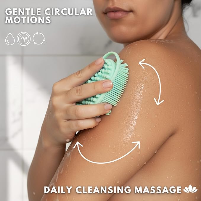 Silver Infused Silicone Body Scrubber Shower - Gentle Back Scrubber Soft Bristles - Avilana Premium Dual Sided Bath Brush Massage - Advanced Material Loofah Alternative - Gift Women Men