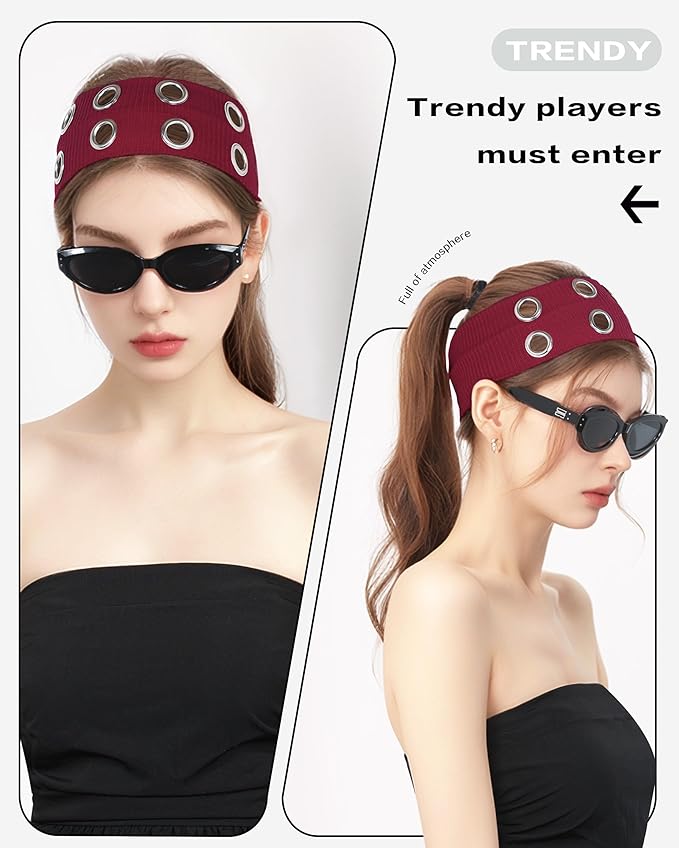 Grommet Headband for Women, Wide Burgundy 20cm Hollow Out Elastic Hair Band, Eyelets Punk Grunge Stylish Hairband