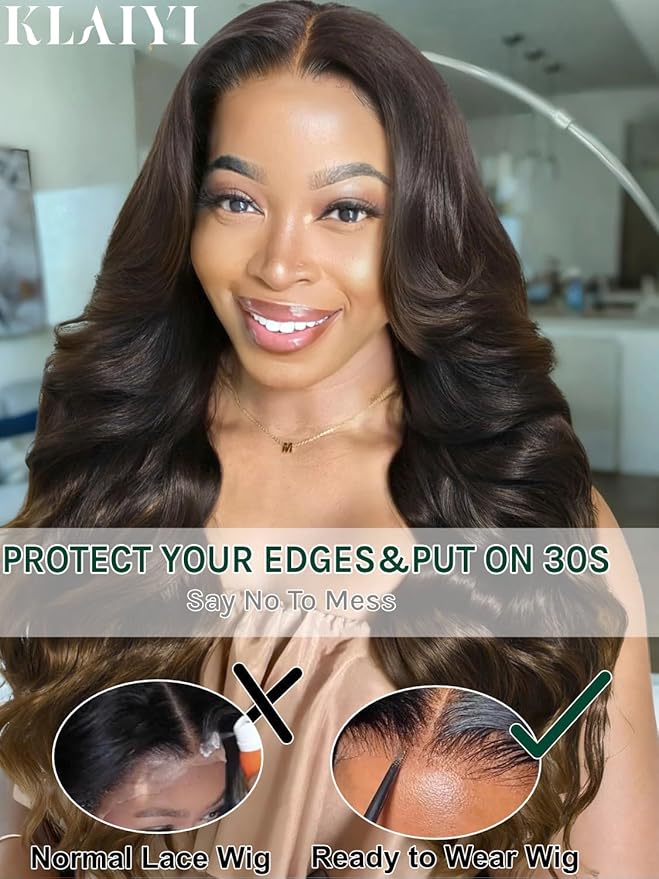KLAIYI Ombre Brown Loose Body Wave 13x4Pre Everything Lace Frontal Chestnut Brown Drawstring Wig with Face Framing Layers Precut Lace Pre Plucked Bleached Bye Bye Knots Ready to Wear and Go Wig 16Inch