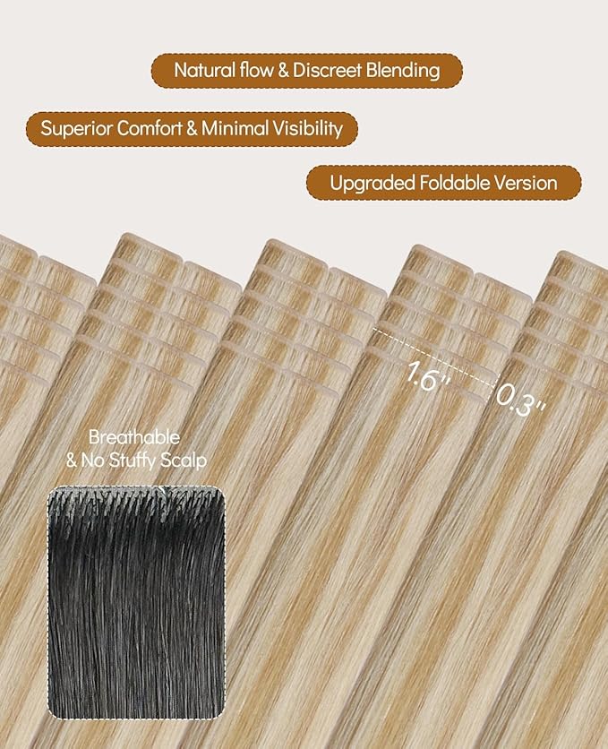 VINBAO 60g Invisi Edge Tape in Hair Extensions Human Hair Light Blonde Highlights Platinum Blonde 22in 20pcs Seamless Injected Tape ins Luxury Remy Hair 22inch #27P60