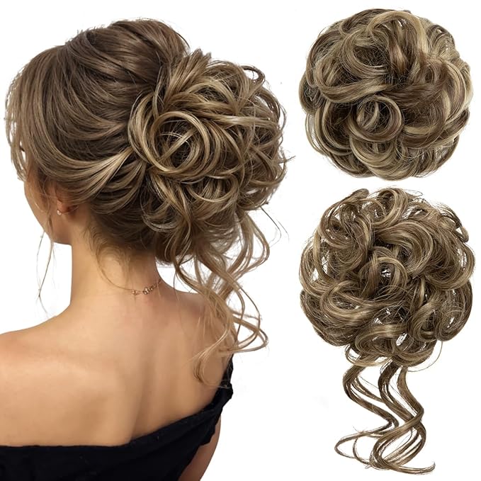 CJL HAIR 2PCS Messy Bun Hair Pieces Wavy Curly Synthetic Updo Chignon Fake Scrunchies Ponytail Extension for Women Brunette/Ash Blonde
