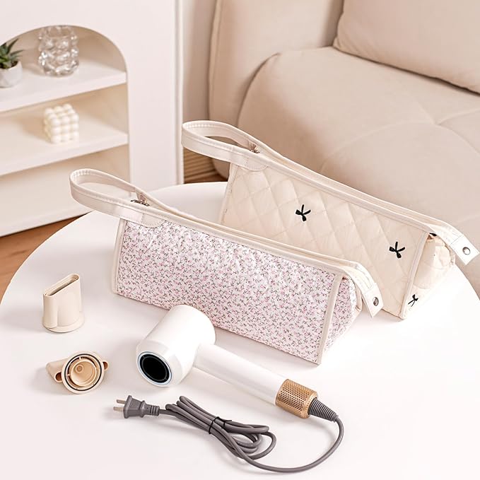 Large Quilted Hair Tools Travel Bag,Aesthetic Hair Styling Accessories Storage Case for Flat Irons,Straightener,Curling Iron,Hair Dryer,Dyson Airwrap Travle Bag（06Small Pink Flower）