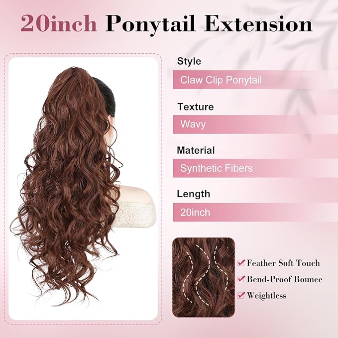 QGZ 20" Wavy Ponytail Extension, Claw Clip Ponytail Hair Extension, Natural Synthetic Hairpiece for Women Daily Use(Auburn)