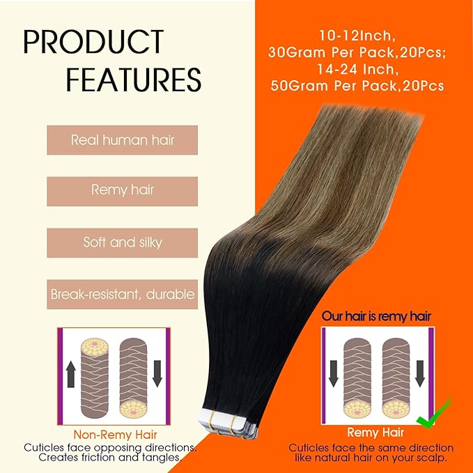 Full Shine Tape in Hair Extensions Human Hair Color Balayage 1B Black Ombre 6 Brown And 27 Blonde Tape ins Human Hair Extensions 18Inch Seamless Skin Weft 50Gram Invisible Human Hair 20Pcs for Women