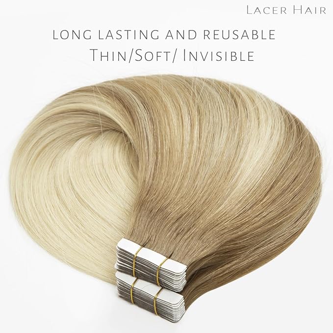 Lacer Hair Extensions Real Human Hair Tape in Balayage Light Brown to Platinum Blonde Real Virgin Tape in Hair Extensions Human Hair PU Skin Weft Double Side 50g 20pcs/set 20 Inches