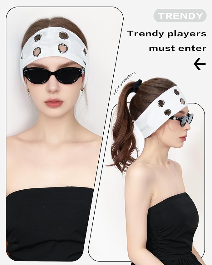 Grommet Headband for Women, White 23cm Hollow Out Elastic Hair Band, Eyelets Punk Grunge Stylish Hairband