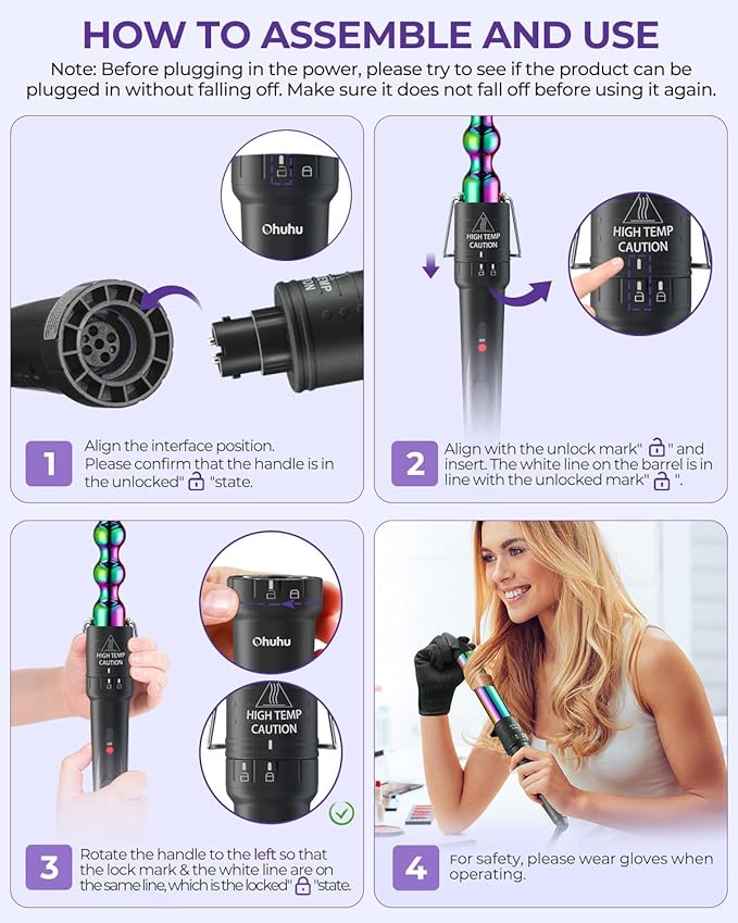5 in 1 Curling Wand Set: Ohuhu Curling Iron Wand 5Pcs 0.35 to 1.25 Inch Interchangeable Ceramic Barrel Heat Protective Glove 2 Clips Dual Voltage Hair Curler Girls Women Mother Christmas Gift Rainbow
